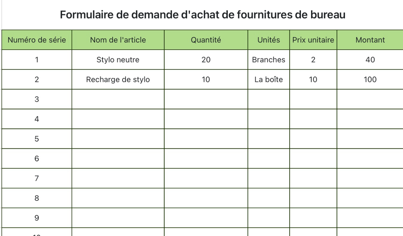 Formulaire de demande d'achat de fournitures de bureau